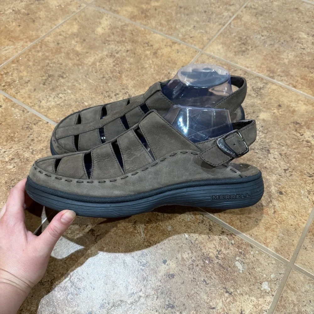 Merrell Topo Slice Mocha Mens 11 Fisherman Sandals Olive Green Leather Buckle